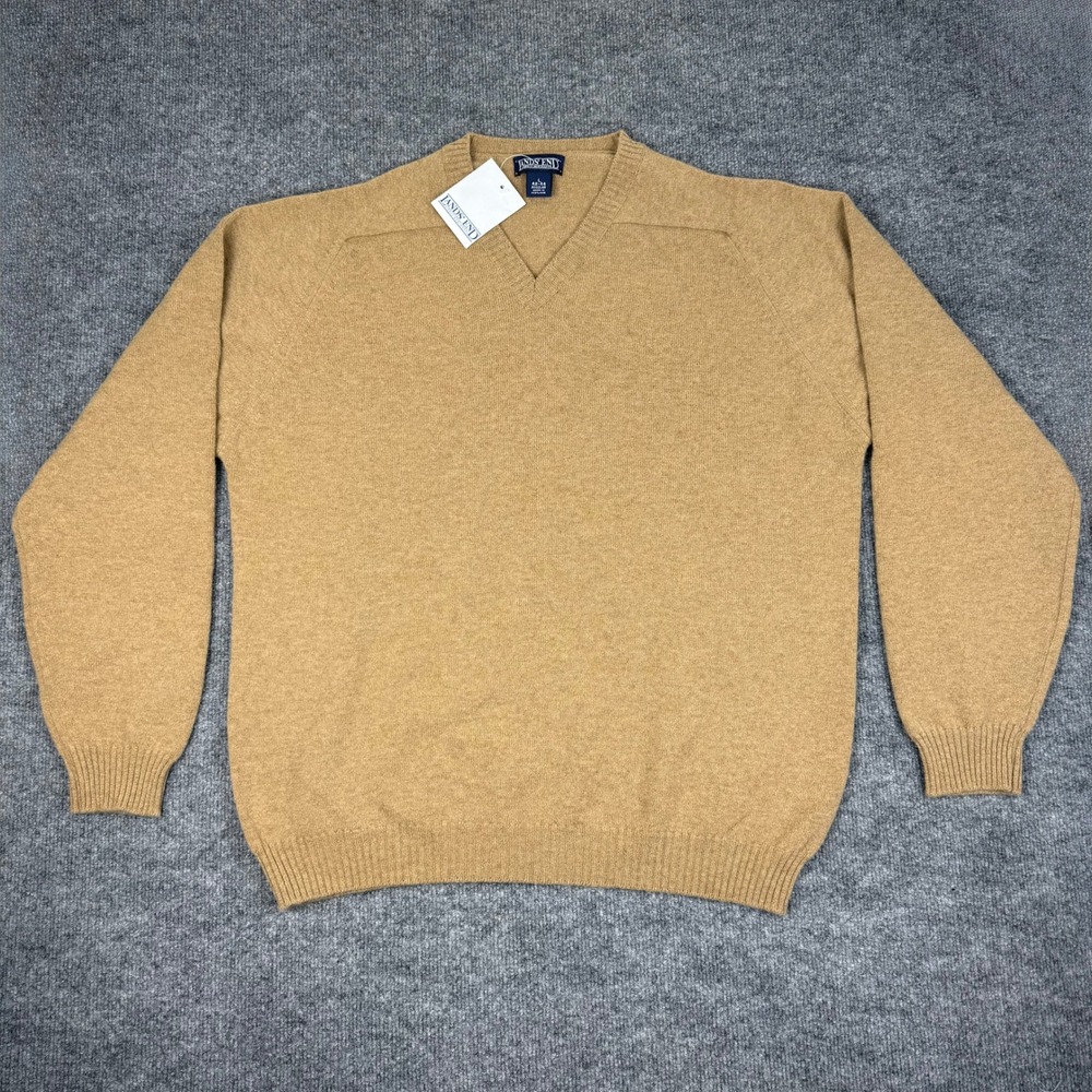 NWT Vintage Lands End Mens Camel Tan 100% Lambswool V-Neck Sweater Scotland LG